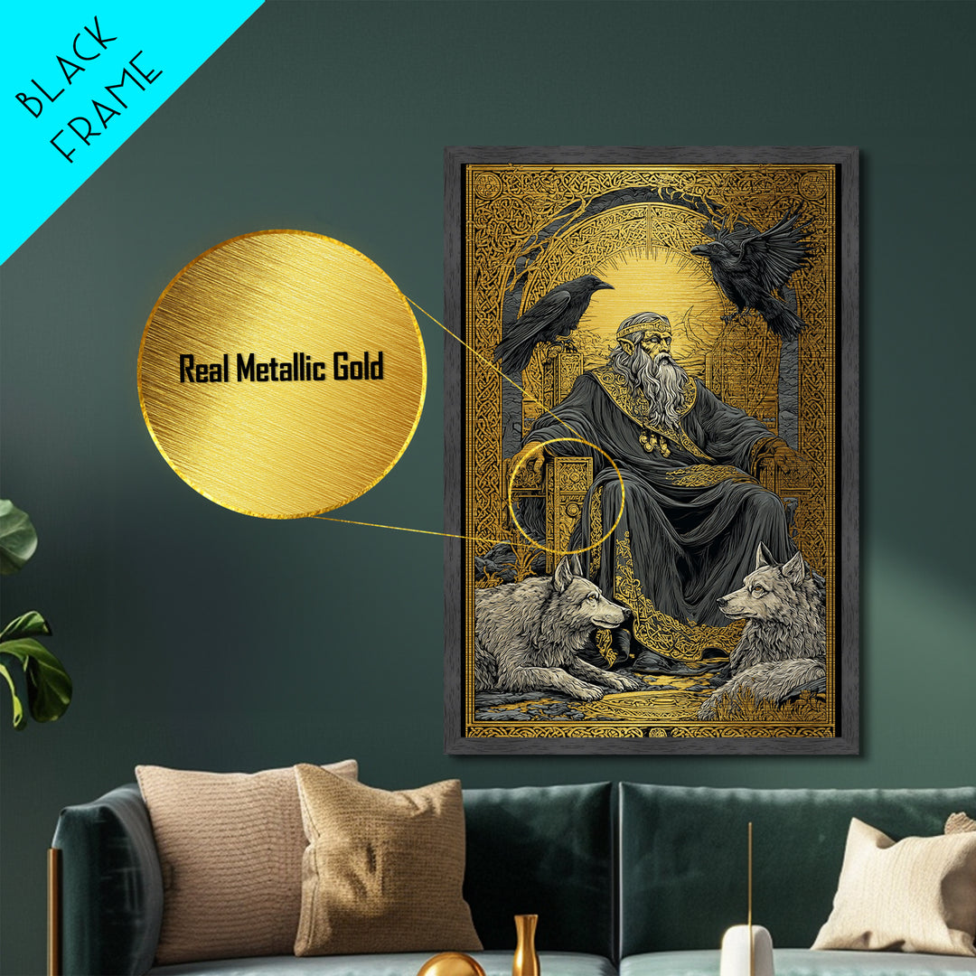 Odin Allfather Metallic Gold Metal Print, Viking Mythology Wall Art, Real Wood Frame, Norse Legend Inspired Decor For Home