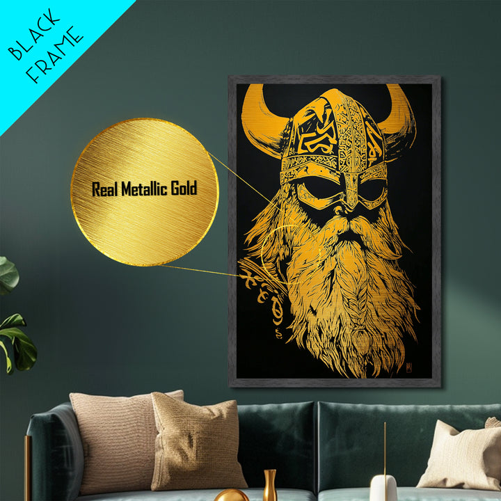 Norse Mythology Odin Metallic Gold Art, Viking Warrior God Metal Print, Real Wood Frame, Ancient Scandinavian Wall Decoration