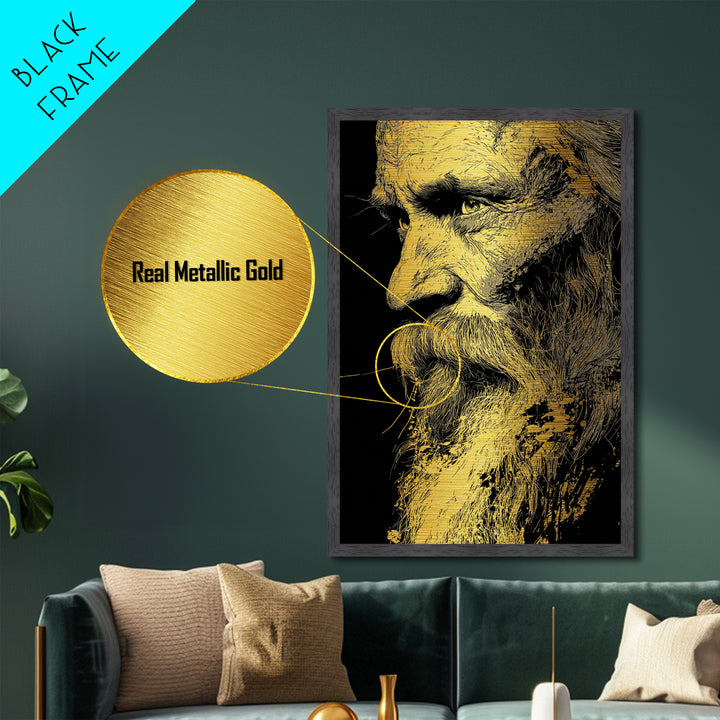 Odin Warrior God Metallic Gold Metal Print, Norse Mythology Inspired Art, Real Wood Frame, Viking Legend Wall Decor Statement