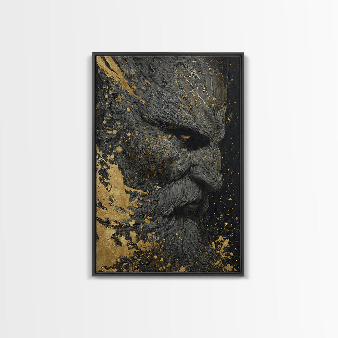 Bearded Warrior Portrait, Textured Detail, Canvas Gold Canvas Print, Mythological Art, Real Wood Frame, Norse Inspired Decor