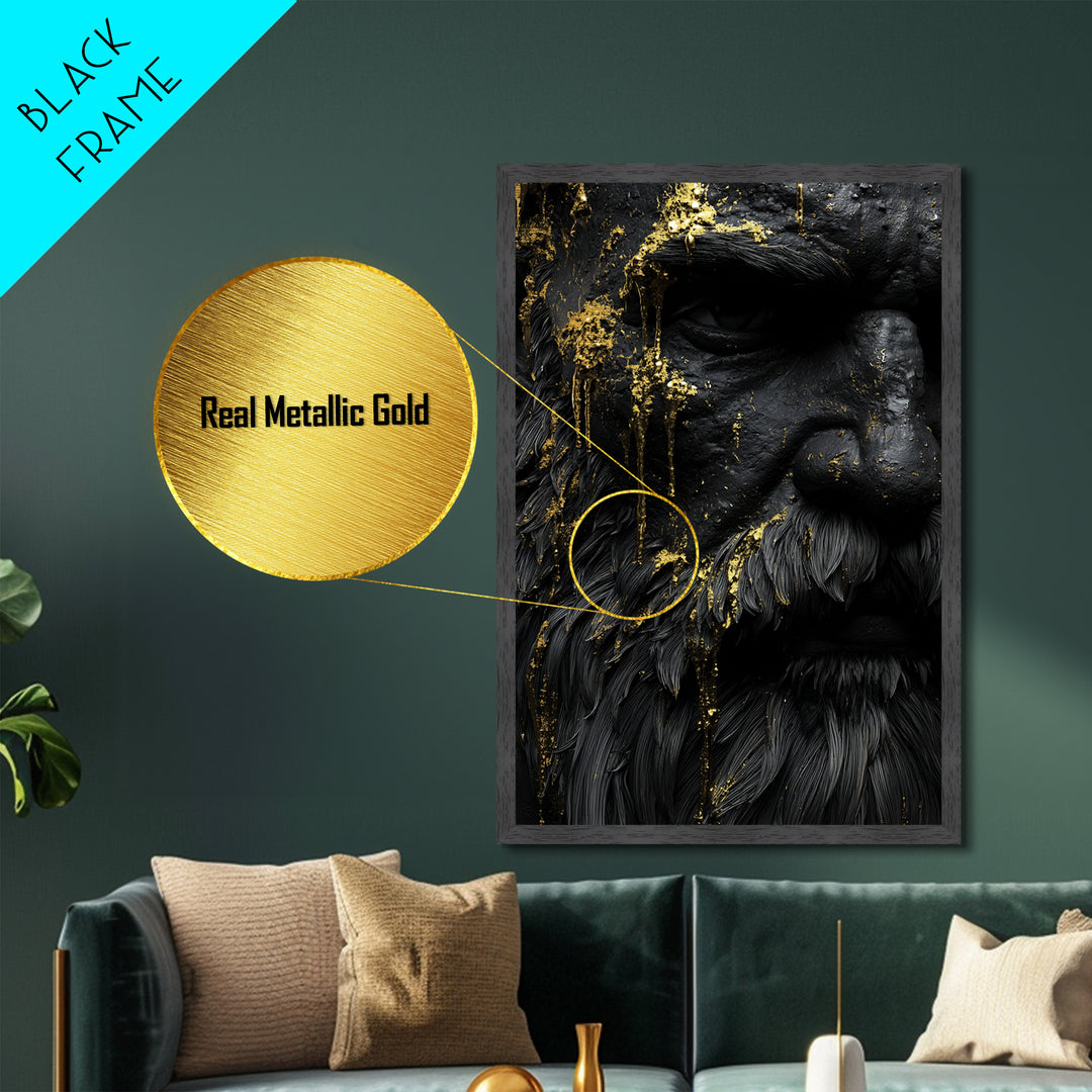 Abstract Mythological Face, Golden Tears Design, Metallic Gold Metal Print, Textured Wall Art, Real Wood Frame, Dramatic Statement