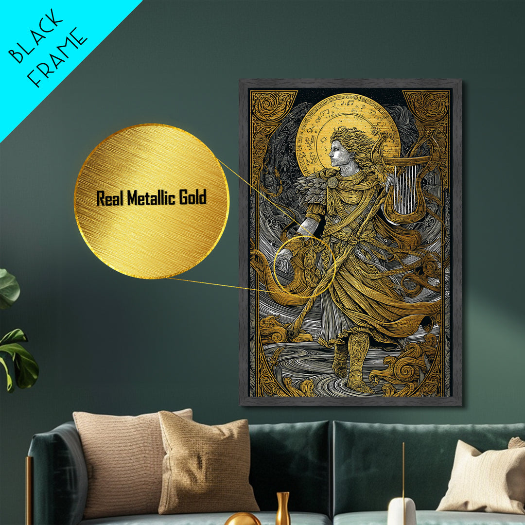 Apollo With Lyre, Greek God Of Music, Mythology Inspired Metallic Gold Metal Print, Elegant Wall Art, Real Wood Frame, Divine Classic