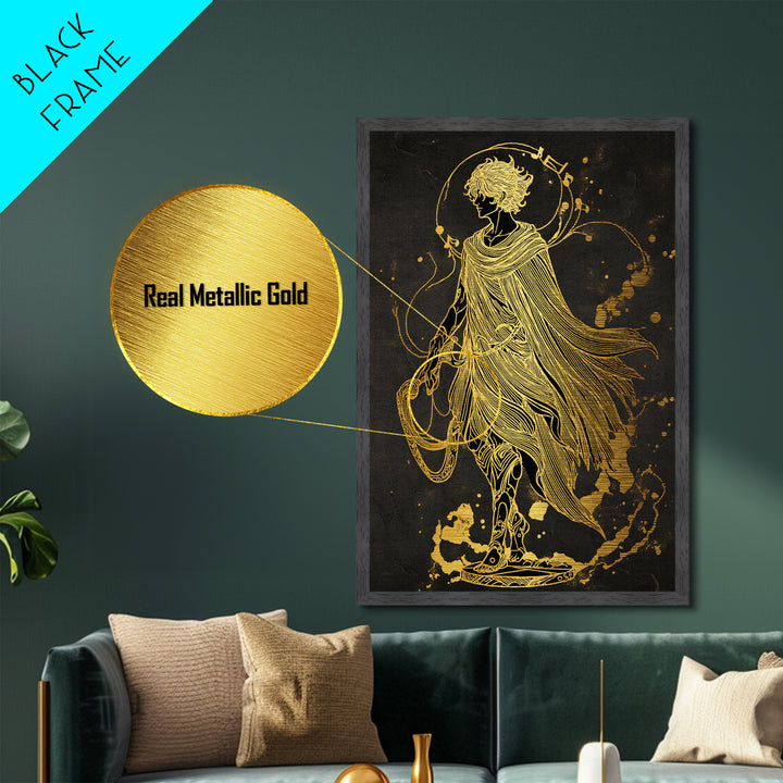 Apollo Figure With Flowing Cloak, Line Art Mythology Design, Metallic Gold Art, Mythical Wall Decor, Real Wood Frame, Elegant Greek