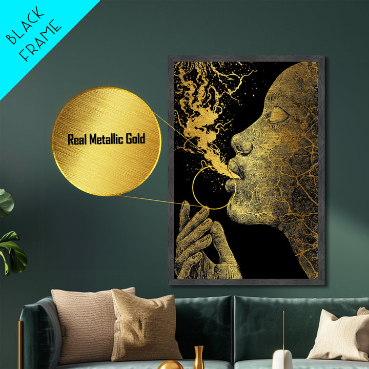 Mystical Goddess Face Exhaling Spirit, Surreal Mythology, Metallic Gold Metal Print, Spiritual Wall Art, Real Wood Frame, Dreamlike