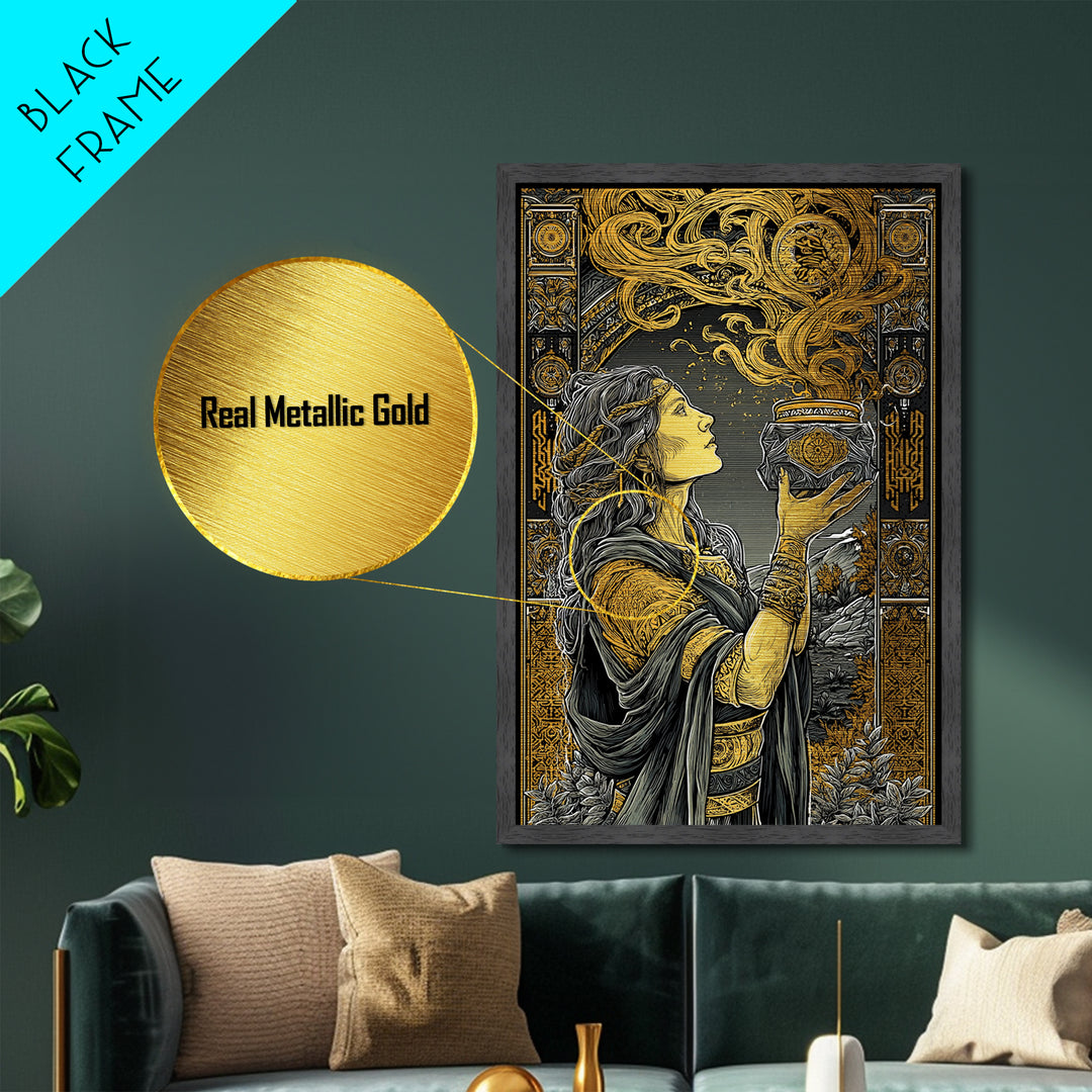 Pandora With Mythical Jar, Ancient Greek Mythology Metallic Gold Art, Detailed Decorative Wall Print, Real Wood Frame, Timeless Classic