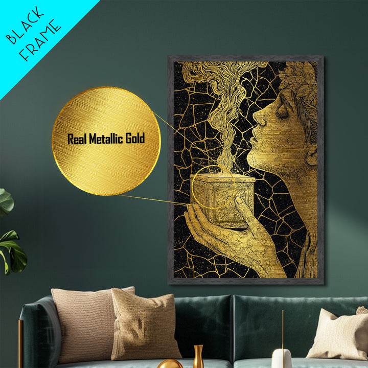 Pandora Opening Mythical Box, Surreal Greek Goddess Design, Metallic Gold Metal Print, Mythological Wall Art, Real Wood Frame, Enchanting