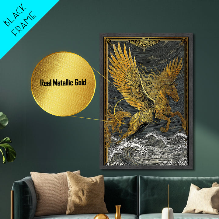 Pegasus Flying Above Waves, Mythical Winged Horse Art, Metallic Gold Art, Greek Mythology Wall Print, Real Wood Frame, Heroic Statement