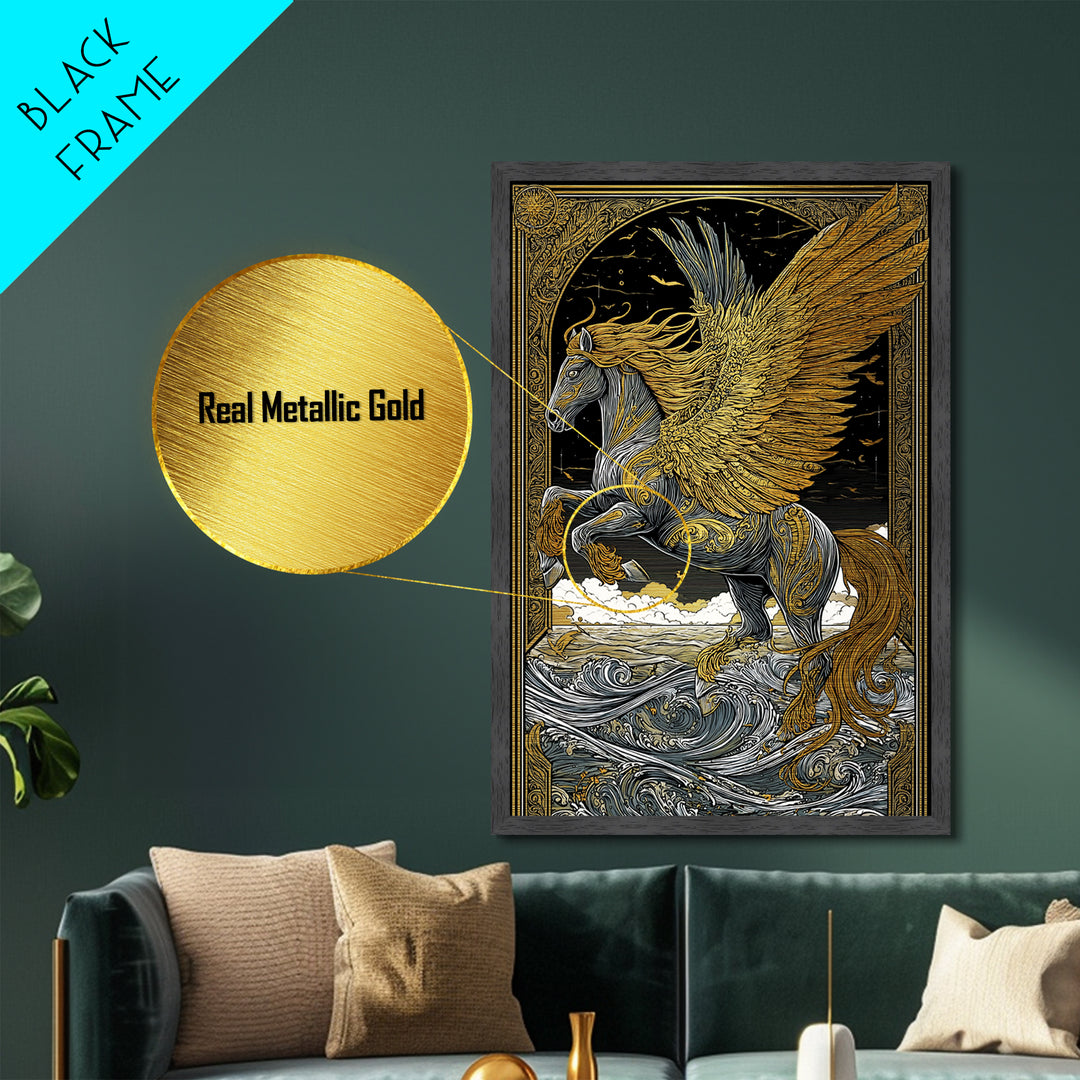 Winged Pegasus Metallic Gold Metal Print, Mythology Wall Art, Luxury Equine Artwork, Real Wood Framed Mythical Decor