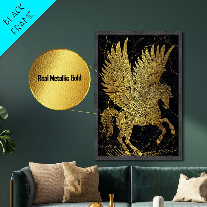 Golden Pegasus Metallic Gold Metal Print, Mythological Horse Artwork, Elegant Home Wall Art, Real Wood Framed Fantasy Decor