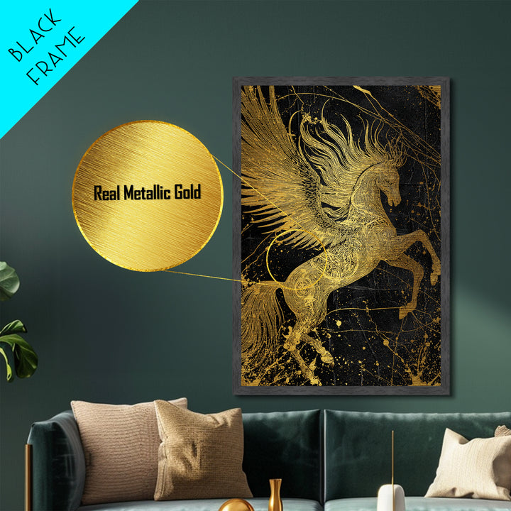 Abstract Pegasus Metallic Gold Art, Mythology Wall Print, Unique Equine Design, Real Wood Framed Modern Mythical Artwork