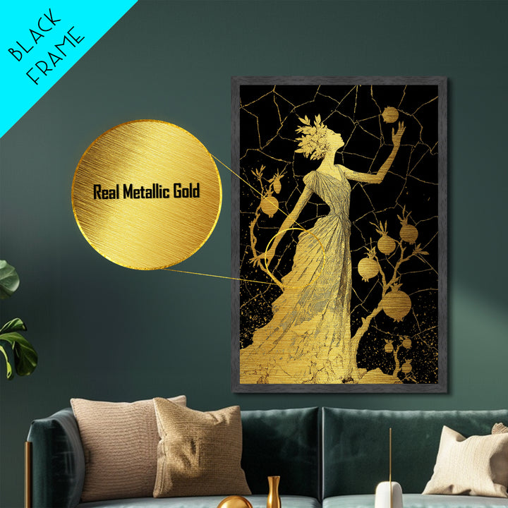 Persephone With Pomegranates Metallic Gold Metal Print, Mythology Wall Art, Elegant Greek Goddess Decor, Real Wood Frame