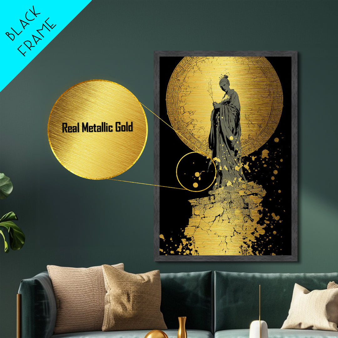Goddess Statue Metallic Gold Metal Print, Ancient Mythology Wall Art, Elegant Female Figure Artwork, Real Wood Framed Decor