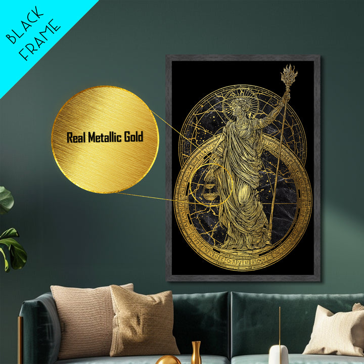 Divine Justice Metallic Gold Metal Print, Goddess With Torch Wall Art, Mythological Decor, Real Wood Framed Elegant Artwork