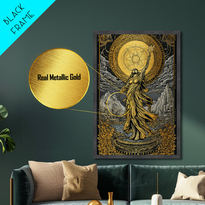 Celestial Goddess Metallic Gold Metal Print, Mythology Wall Art, Radiant Female Figure Artwork, Real Wood Framed Luxurious Decor