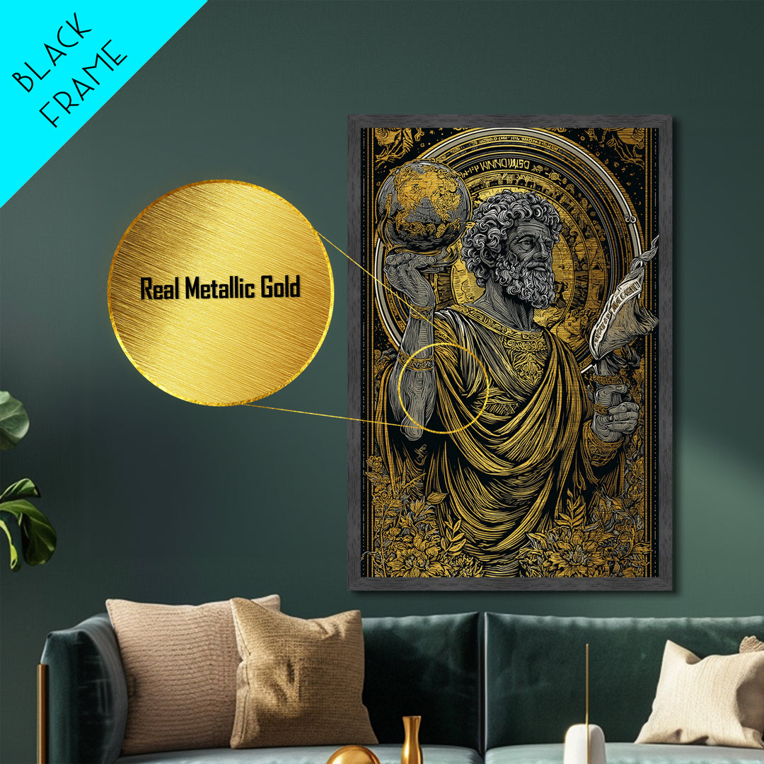 Classical Philosopher Holding Globe Metallic Gold Metal Print, Ancient Scholar Metallic Gold Art, Real Wood Framed Mythology Decor