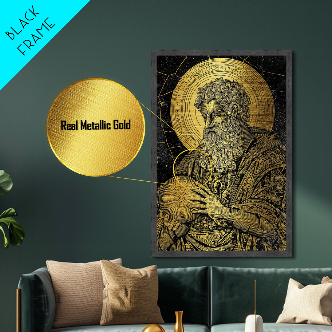 Ancient Philosopher Portrait Metallic Gold Metal Print, Scholar With Cosmic Halo Metallic Gold Art, Real Wood Frame Historical Wall Art