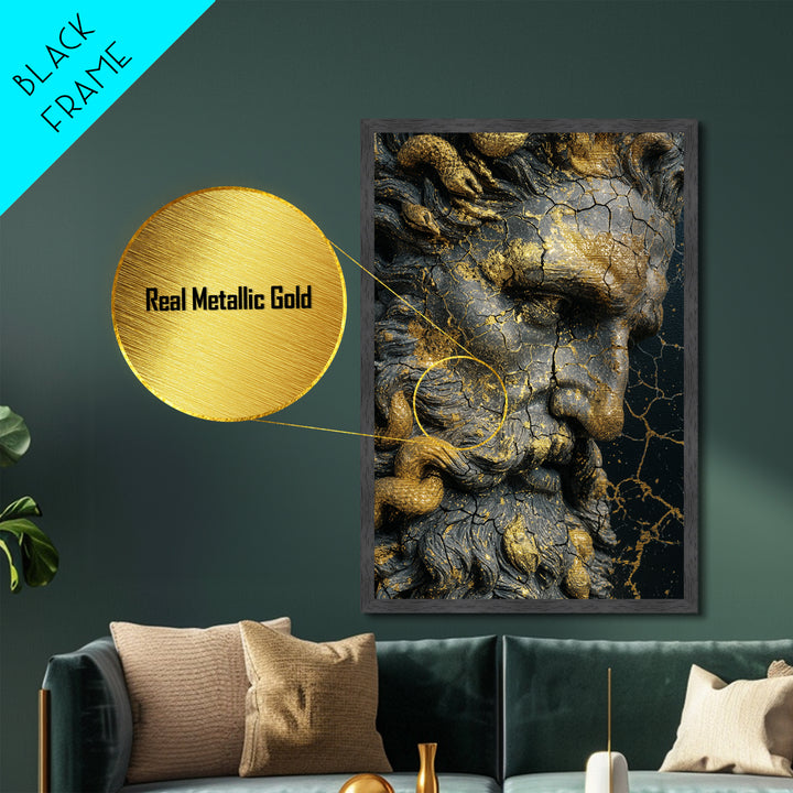 Mythological Sea God Bust Metallic Gold Metal Print, Ancient Ocean Deity Metallic Gold Art, Real Wood Frame Classical Myth Sculpture