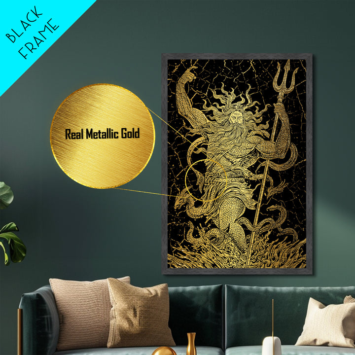 Poseidon Sea God With Serpent Metallic Gold Metal Print, Ocean Deity With Trident Metallic Gold Art, Real Wood Frame Mythological Decor