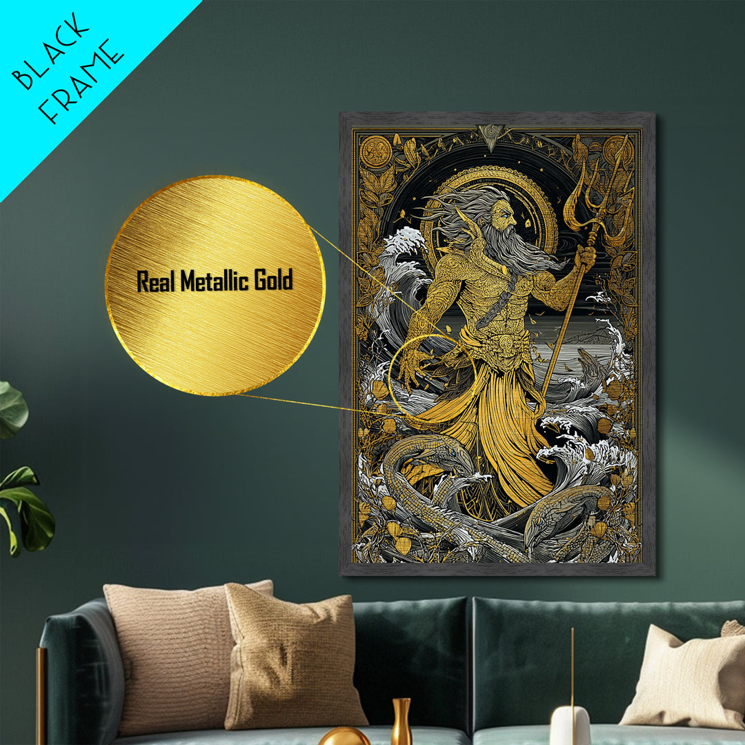 Poseidon Mythical Sea God Metallic Gold Metal Print, Ocean Trident Warrior Metallic Gold Art, Real Wood Frame Ancient Mythology Decor