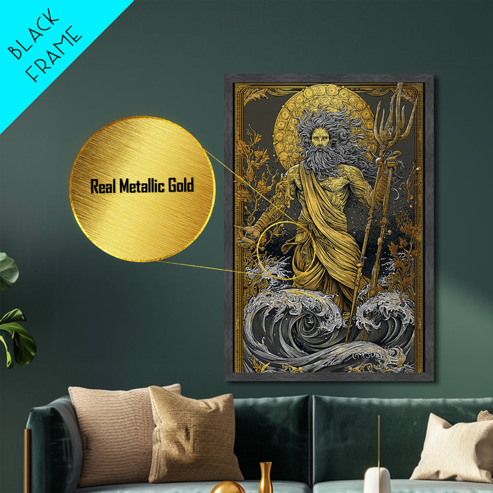 Poseidon Ocean God With Trident Metallic Gold Metal Print, Mythical Sea Deity Metallic Gold Art, Real Wood Frame Mythology Wall Art