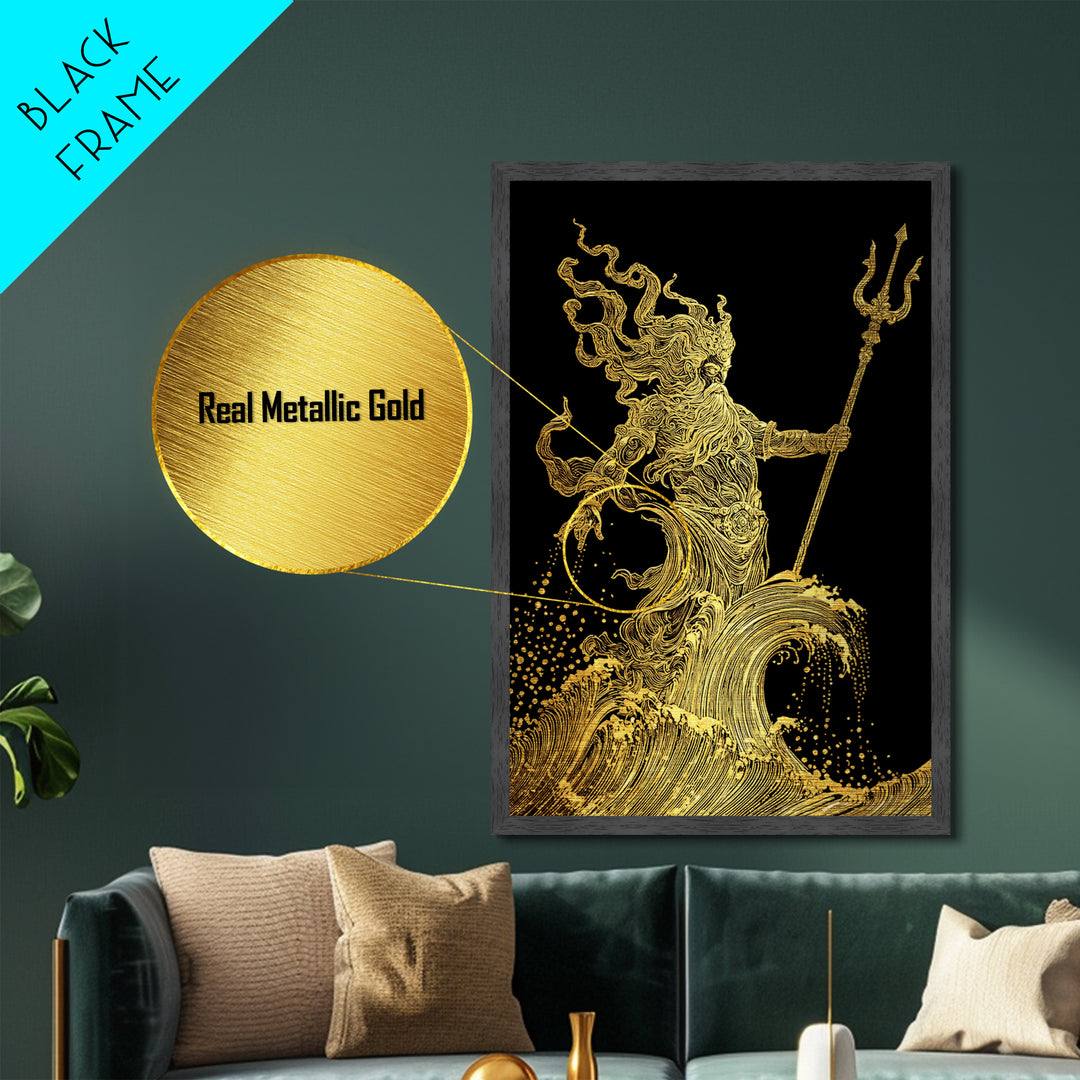 Poseidon Sea God Statue Metallic Gold Metal Print, Ocean Deity With Waves Metallic Gold Art, Real Wood Frame Classical Mythology Decor