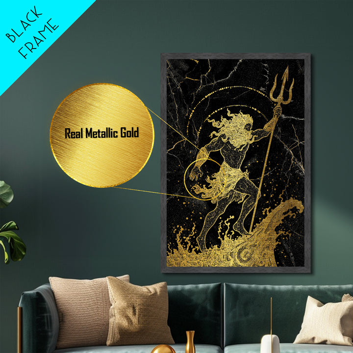 Poseidon Ruler Of The Seas Metallic Gold Metal Print, Ancient Trident God Metallic Gold Art, Real Wood Frame Mythological Wall Decor
