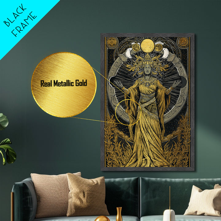 Selene Metallic Gold Metal Print, Moon Goddess Art, Real Wood Frame, Mythology Wall Decor, Celestial Luxury Artwork