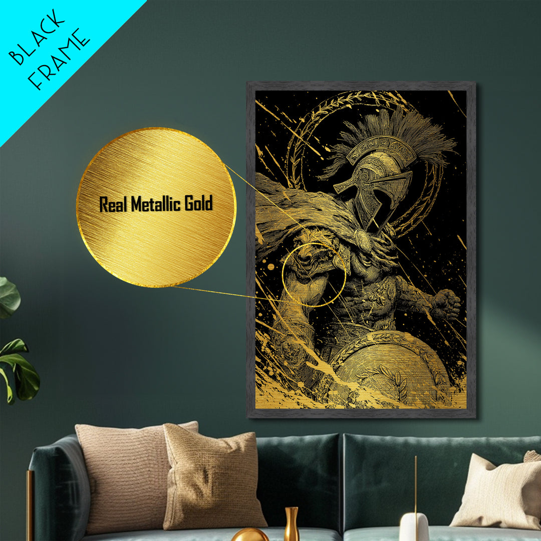 Ares Metallic Gold Metal Print, Greek God Of War Art, Real Wood Frame, Warrior Decor, Mythology Luxury Metal Artwork