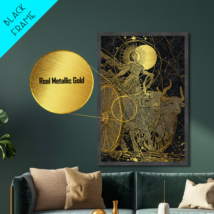 Selene Chariot Metallic Gold Metal Print, Moon Goddess Art, Real Wood Frame, Mythology Decor, Celestial Metal Artwork