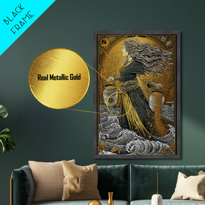 Aquarius Goddess Metallic Gold Metal Print, Mythology Wall Art, Luxury Astrology Artwork, Real Wood Frame, Unique Home Decor