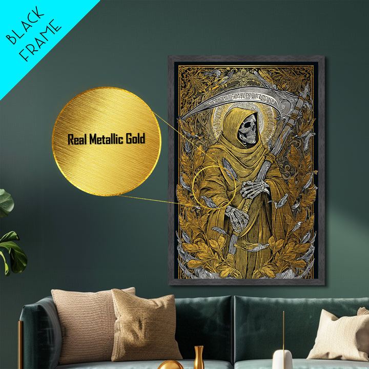 Grim Reaper Metallic Gold Metal Print, Gothic Mythology Wall Art, Skeleton With Scythe Artwork, Real Wood Frame, Dark Decor