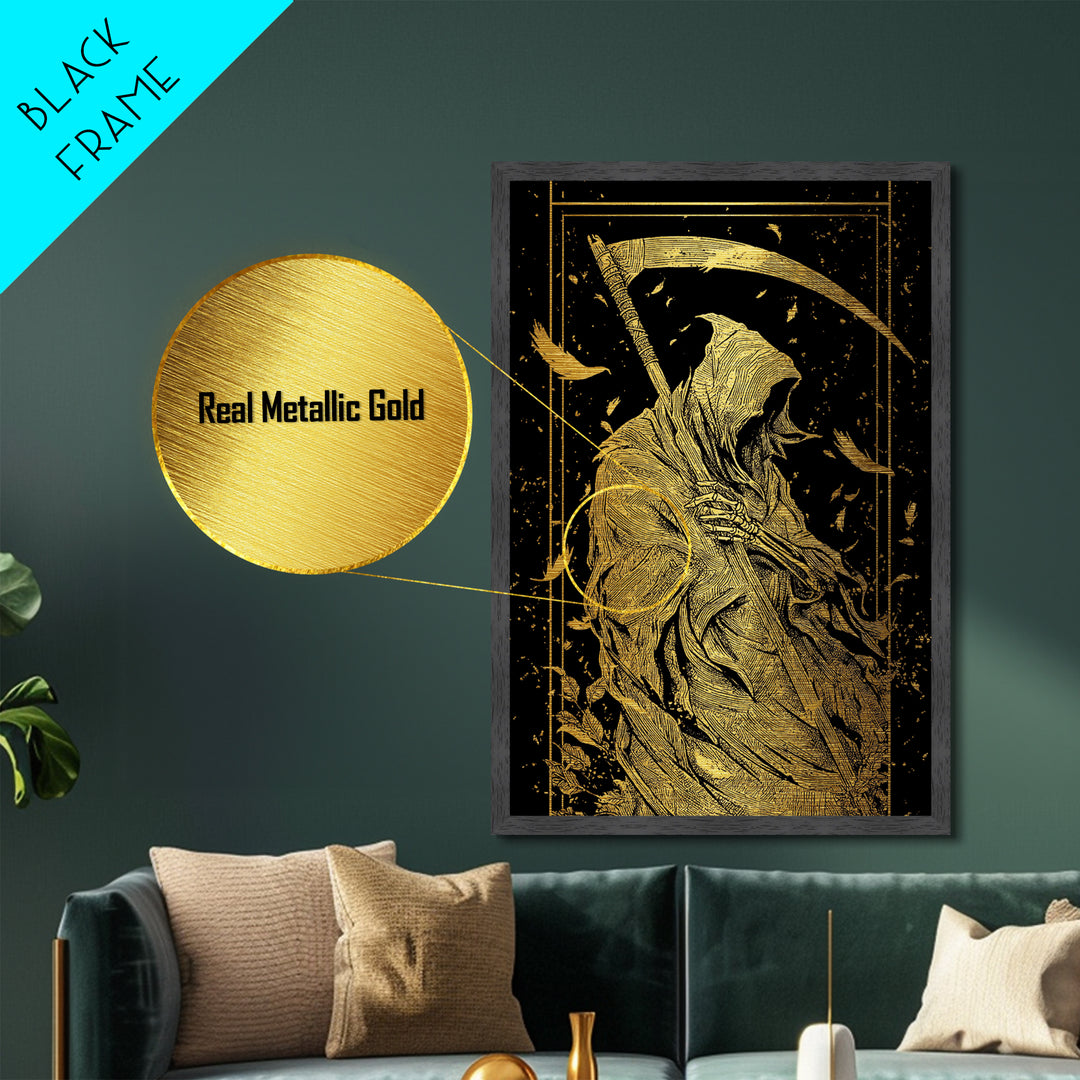 Death Figure Metallic Gold Metal Print, Gothic Skeleton Wall Art, Grim Reaper Mythology Artwork, Real Wood Frame, Dark Decor