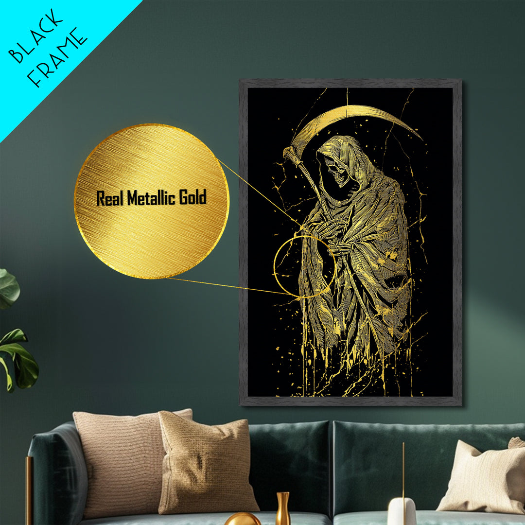 Skeleton With Scythe Metallic Gold Metal Print, Gothic Mythology Artwork, Grim Reaper Wall Art, Real Wood Frame, Macabre Decor