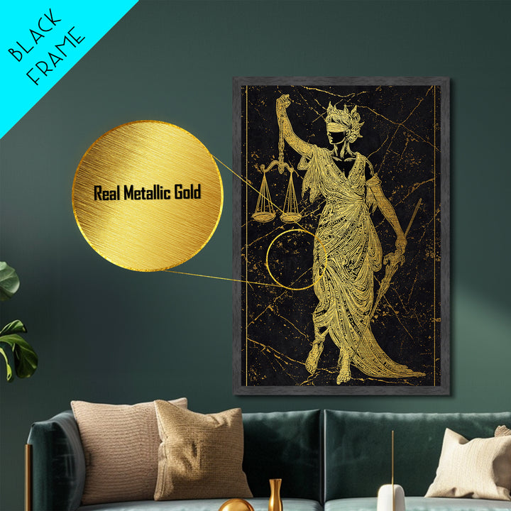 Justice Goddess Metallic Gold Metal Print, Mythology Law And Order Wall Art, Balance Artwork, Real Wood Frame, Statement Decor