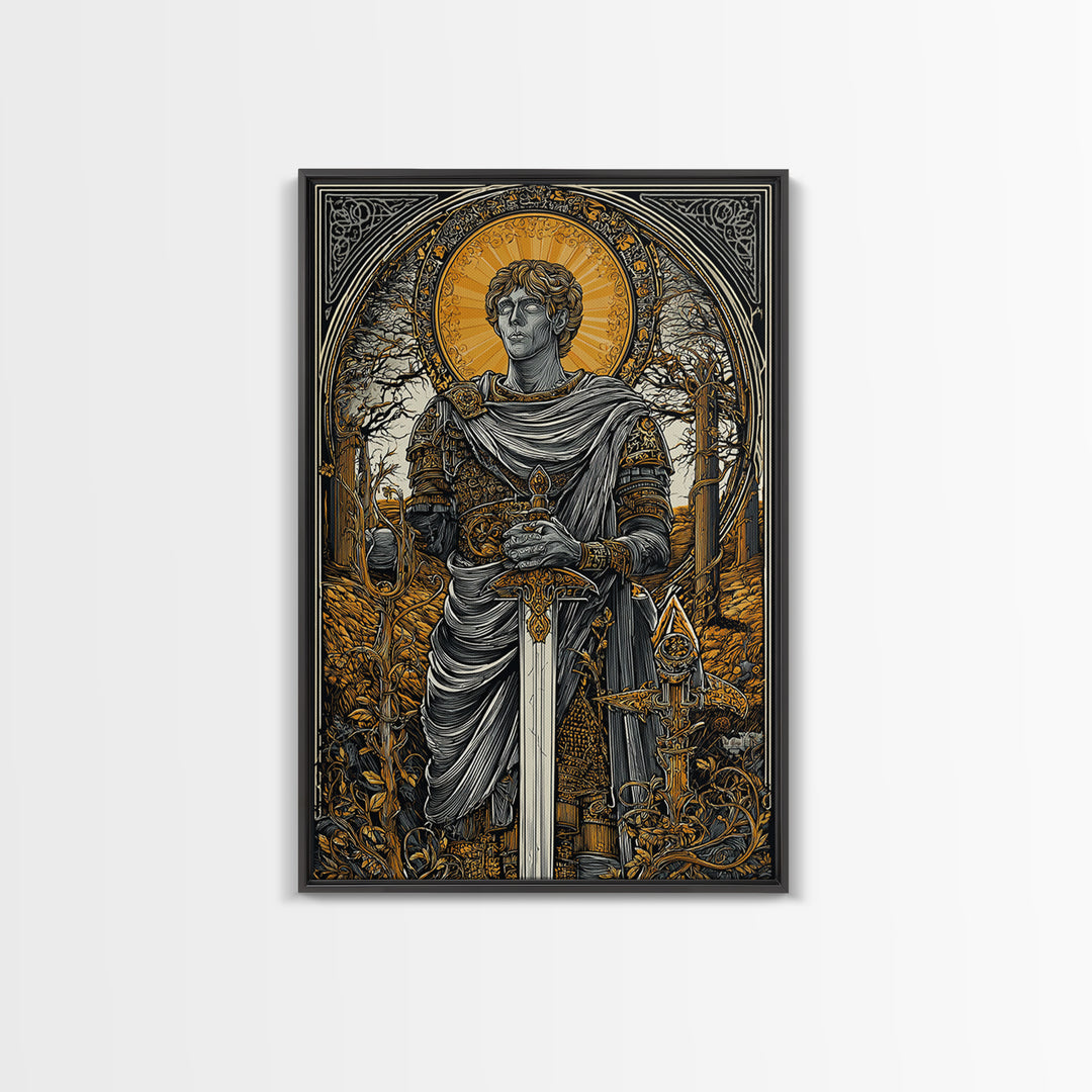 Roman Emperor Canvas Gold Canvas Print, Mythology Warrior Wall Art, Classical Sword Artwork, Real Wood Frame, Ancient Decor
