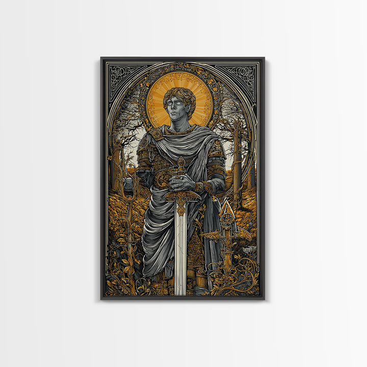Roman Emperor Canvas Gold Canvas Print, Mythology Warrior Wall Art, Classical Sword Artwork, Real Wood Frame, Ancient Decor