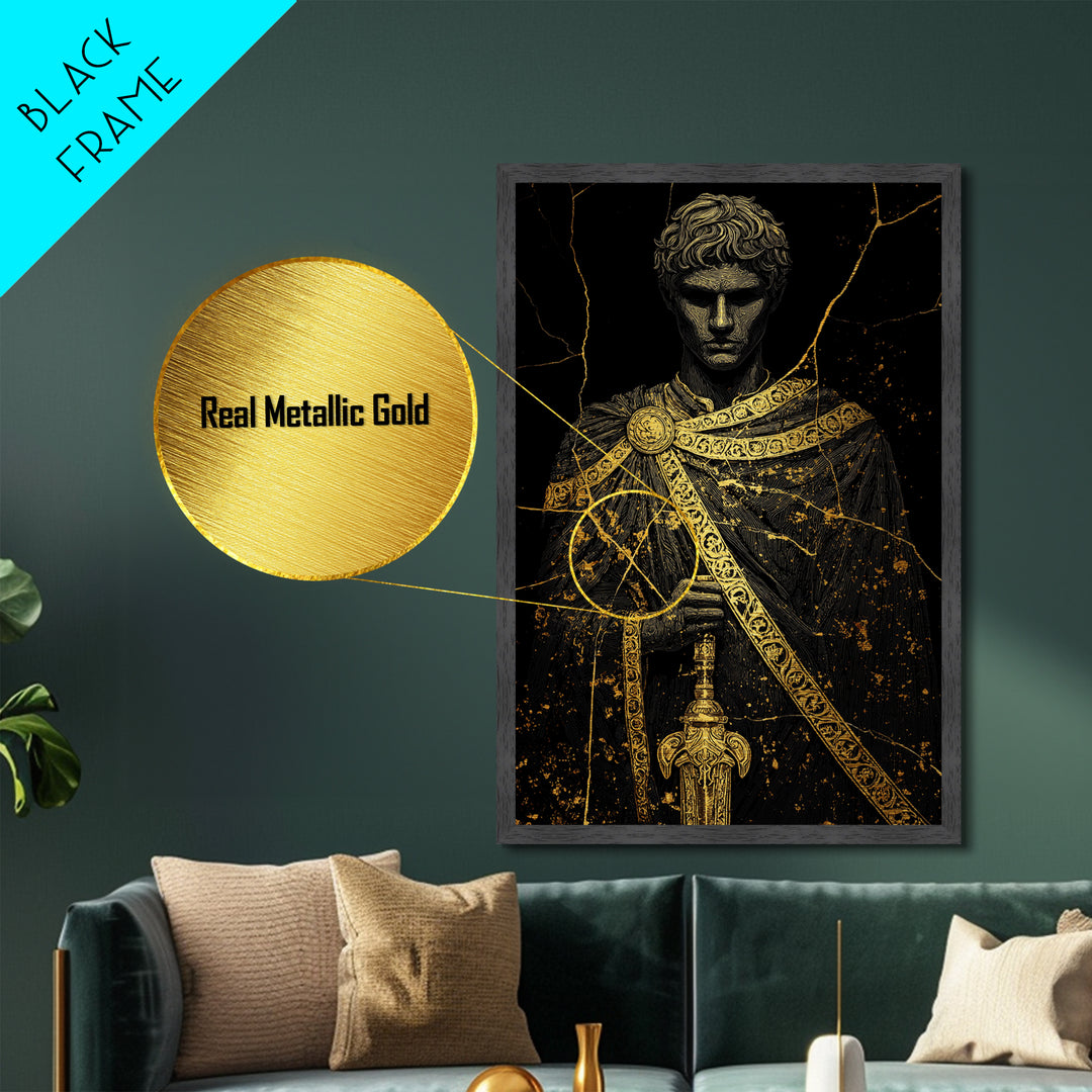 Gladiator Metallic Gold Metal Print, Roman Warrior Wall Art, Ancient History Artwork, Mythology Inspired Home Decor, Real Wood Frame