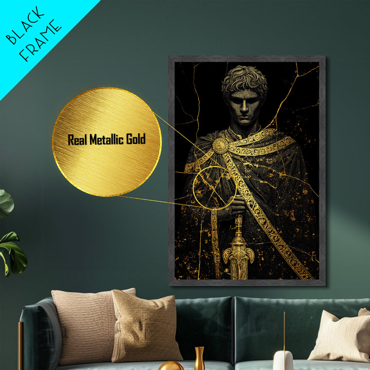 Gladiator Metallic Gold Metal Print, Roman Warrior Wall Art, Ancient History Artwork, Mythology Inspired Home Decor, Real Wood Frame