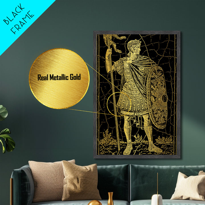 Roman Warrior With Shield, Metallic Gold Metal Print, Mythology Inspired Wall Art, Real Wood Framed Artwork