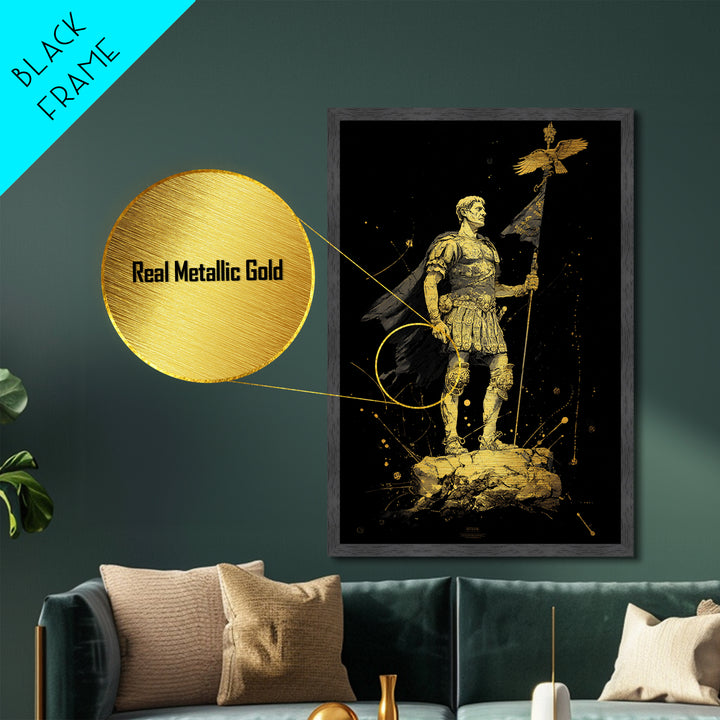 Roman General Holding Standard, Metallic Gold Metal Print, Classical History Inspired Wall Decor, Real Wood Frame