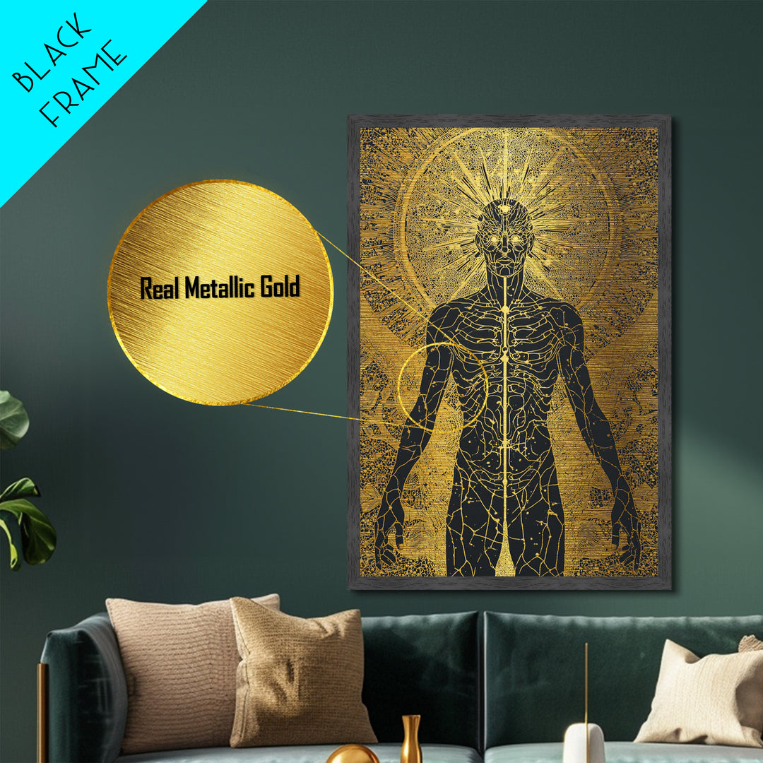 Celestial Radiance Figure, Metallic Gold Art, Mythological Cosmic Wall Print, Spiritual Decor With Real Wood Frame