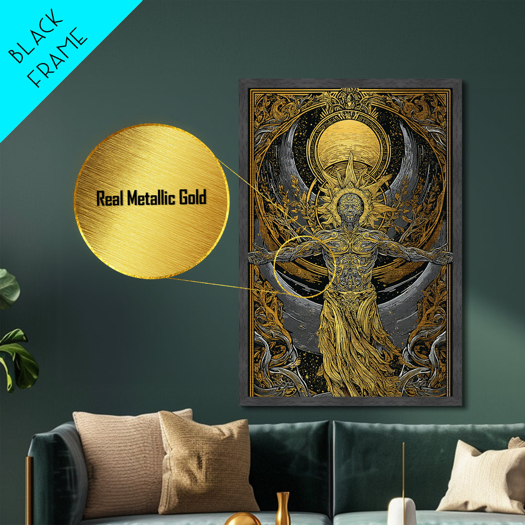 Divine Sun God Artwork, Metallic Gold Metal Print, Mythology Inspired Celestial Wall Art, Real Wood Framed Print