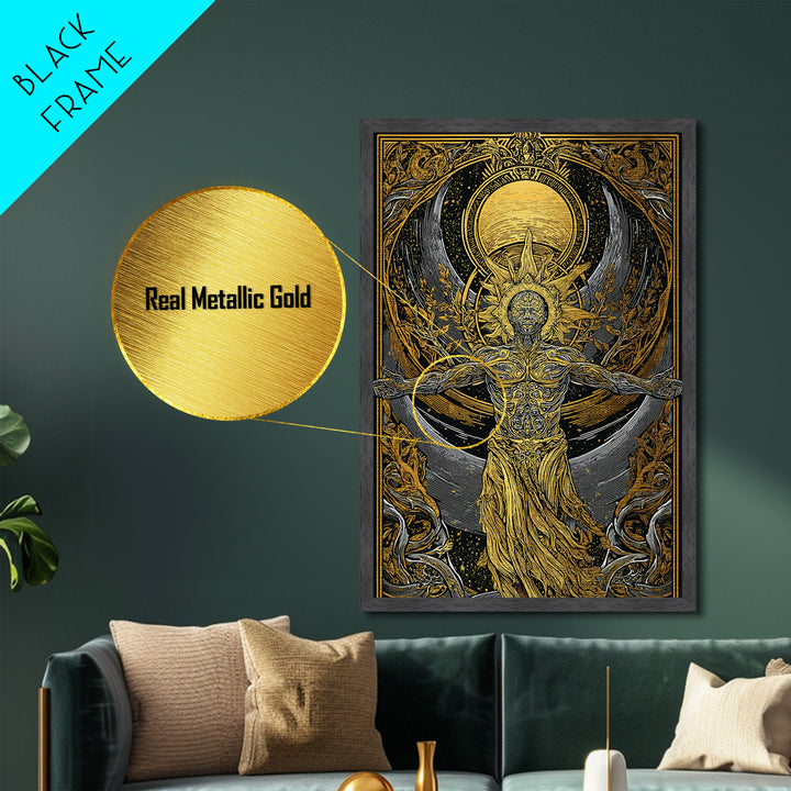 Divine Sun God Artwork, Metallic Gold Metal Print, Mythology Inspired Celestial Wall Art, Real Wood Framed Print