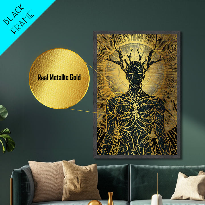 Mythic Antlered Deity, Metallic Gold Metal Print, Cosmic Inspired Wall Art, Real Wood Frame For Elegant Decor