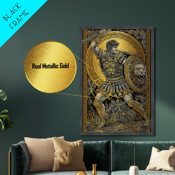 Warrior In Battle Scene, Metallic Gold Metal Print, Ancient Mythology Inspired Wall Artwork, Real Wood Frame