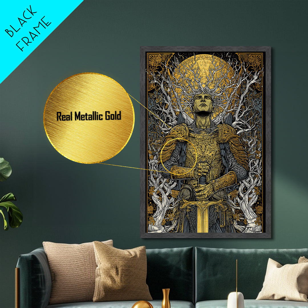 Mythic Guardian With Sword, Metallic Gold Art, Fantasy Inspired Warrior Wall Print, Real Wood Framed Wall Decor