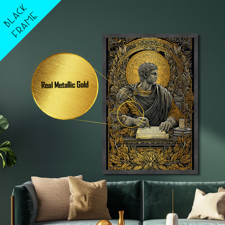 Roman Writer Metallic Gold Metal Print, Ancient Scholar Wall Art, Mythology Decor, Luxury Metal Artwork, Real Wood Frame
