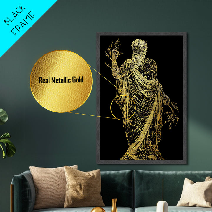 Greek God Metallic Gold Art, Zeus Mythology Wall Print, Lightning Power Decor, Luxury Metal Artwork, Real Wood Frame