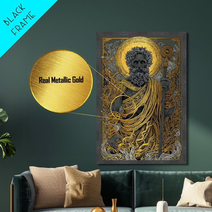 Mythical Elder Metallic Gold Art, Eternal Wisdom Wall Print, Ancient Greek God Decor, Luxury Metal Artwork, Real Wood Frame