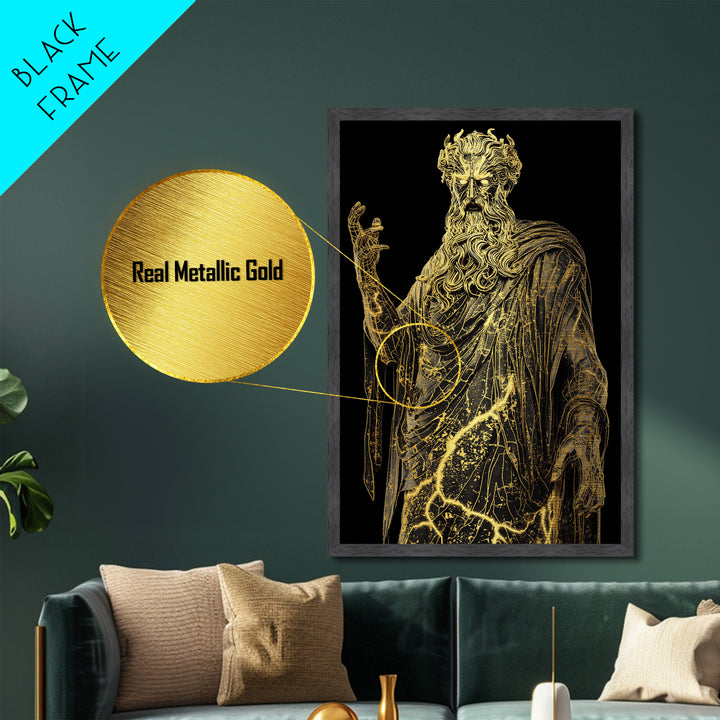 Thunder God Metallic Gold Metal Print, Zeus Mythology Wall Art, Lightning Power Decor, Luxury Classical Artwork, Real Wood Frame